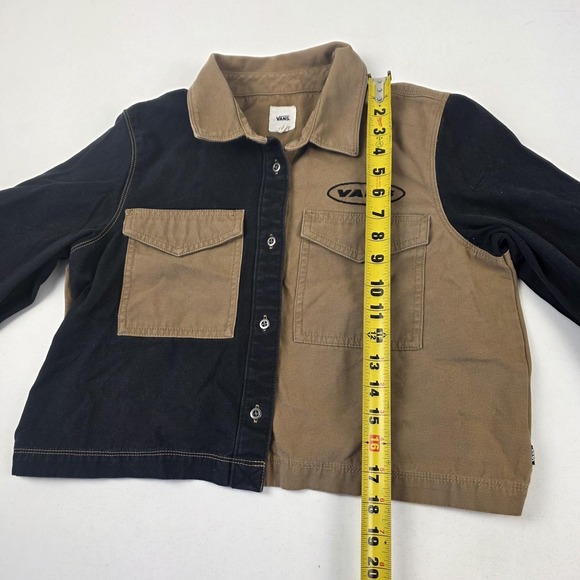 Vans Jacket Womens Small Brown Black Colorblock Twill Button Front Cropped Logo - Picture 4 of 10